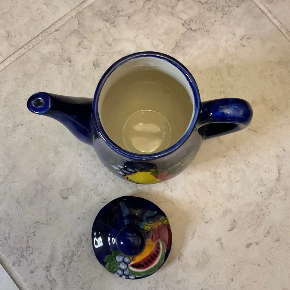 Vintage Mexican Pottery Fruit Teapot Cobalt Blue Hand Painted Ceramic Mexico
